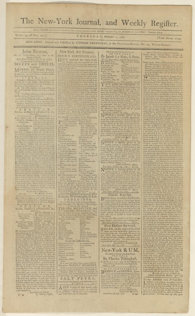 Front page of the New-York Journal of November 1, 1787, the issue that carried Brutus No. II
